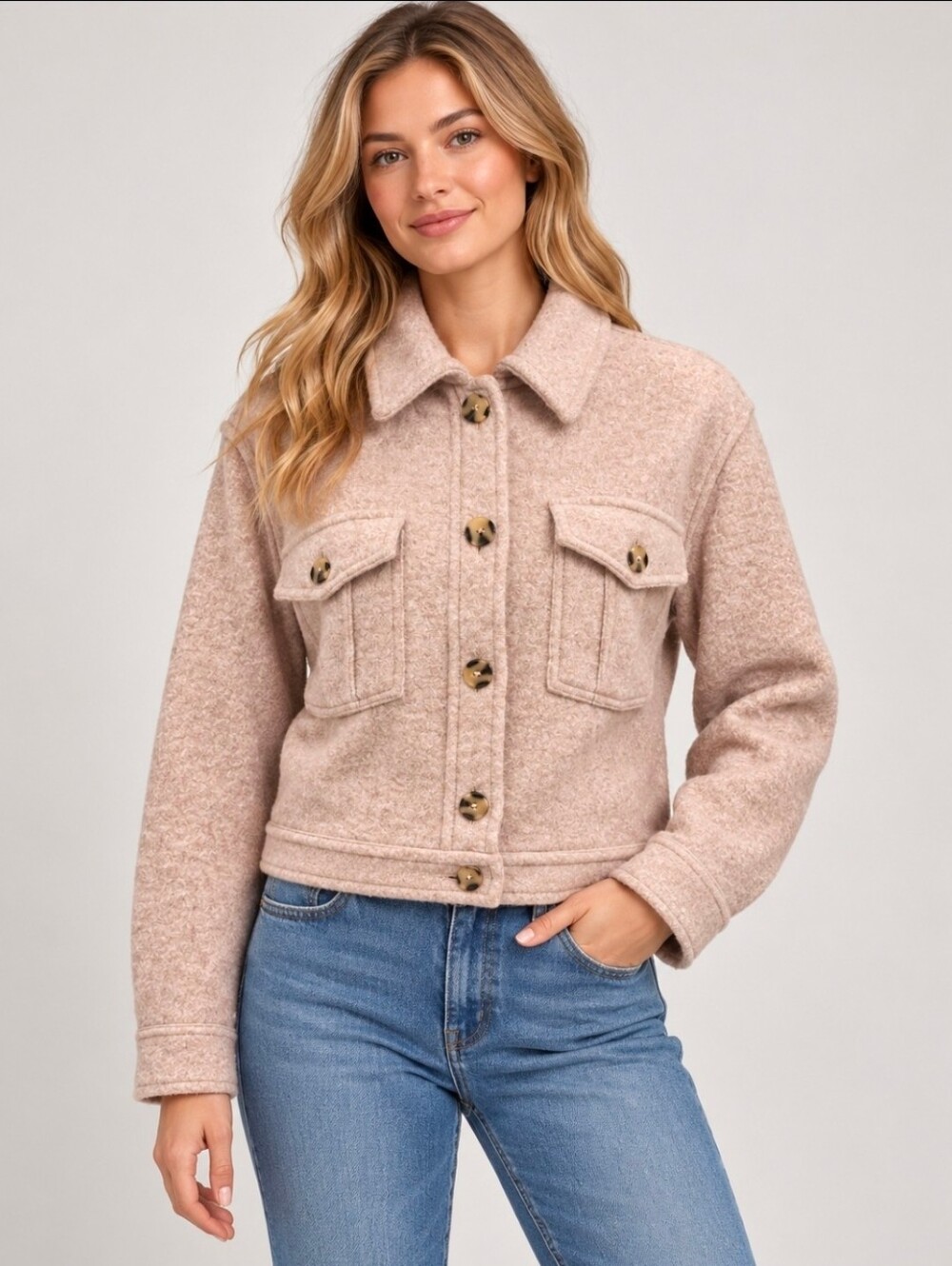 Hunter 100% Merino Wool Cropped Shacket Jacket • Beige Tan Shirt Jacket• Size M